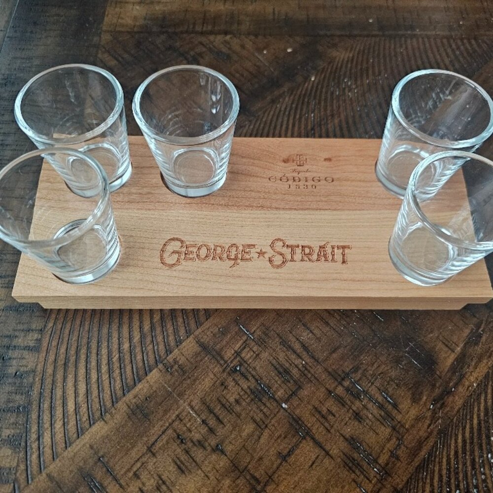 NEW Made in the USA George Straight Wood Board 5 Shot Glasses Tequila Godigo